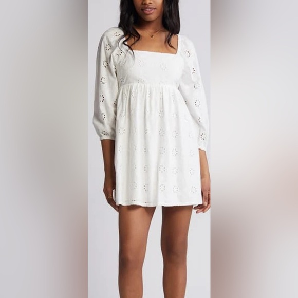 BP. Puff Sleeve Eyelet Babydoll Minidress - White Blanc - Picture 1 of 11